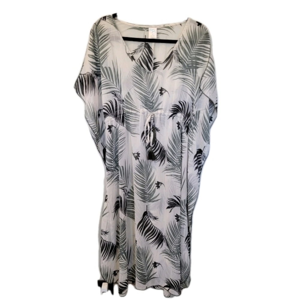 Kona Sol Swim Kaftan Dress Coverup Size Medium White Green Palm Frond Print